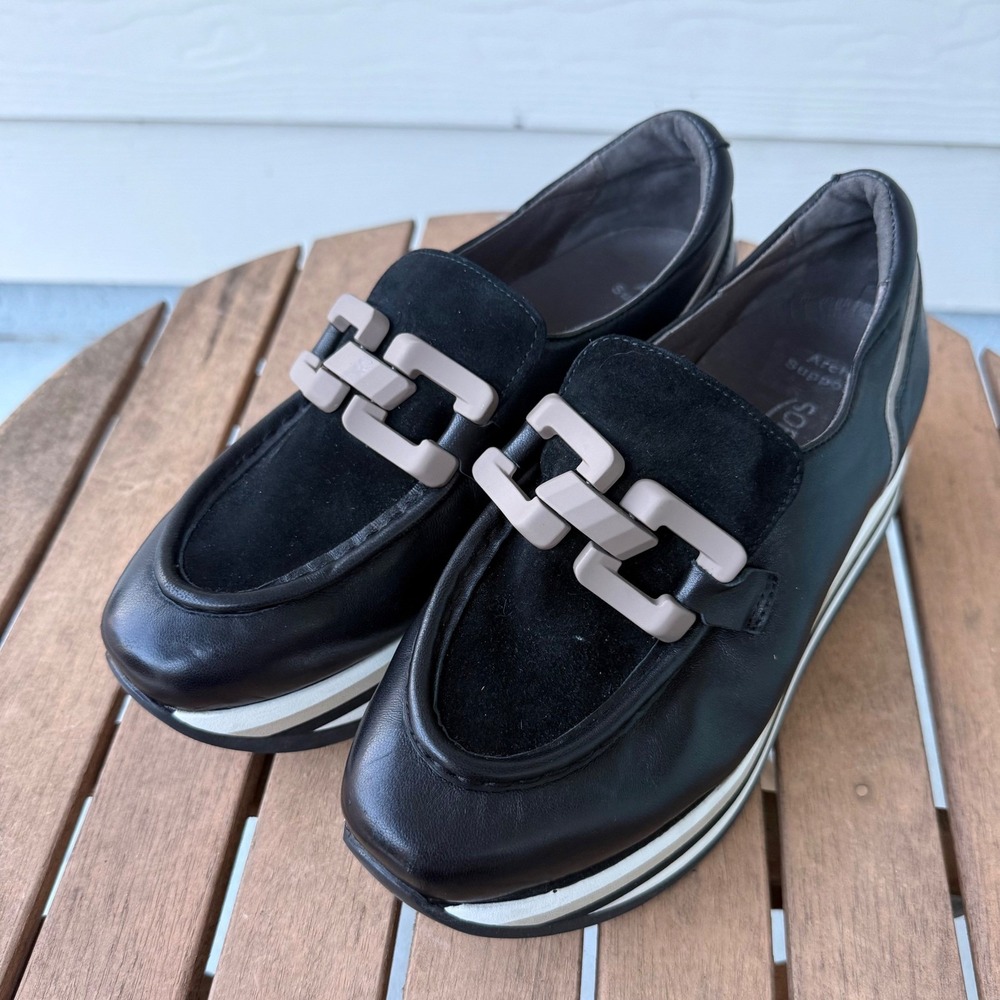 Softwaves Women Black Leather Suede Platform Loafers Arch Support EU 37 US 6.5-7